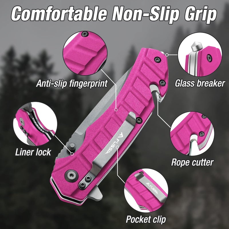 FLISSA Folding Pocket Knife, EDC Knife with Liner Lock, Tanto Blade, Pocket Clip, Glass Breaker, Seatbelt Cutter, Perfect for Outdoor, Camping(Pink) - Image 3